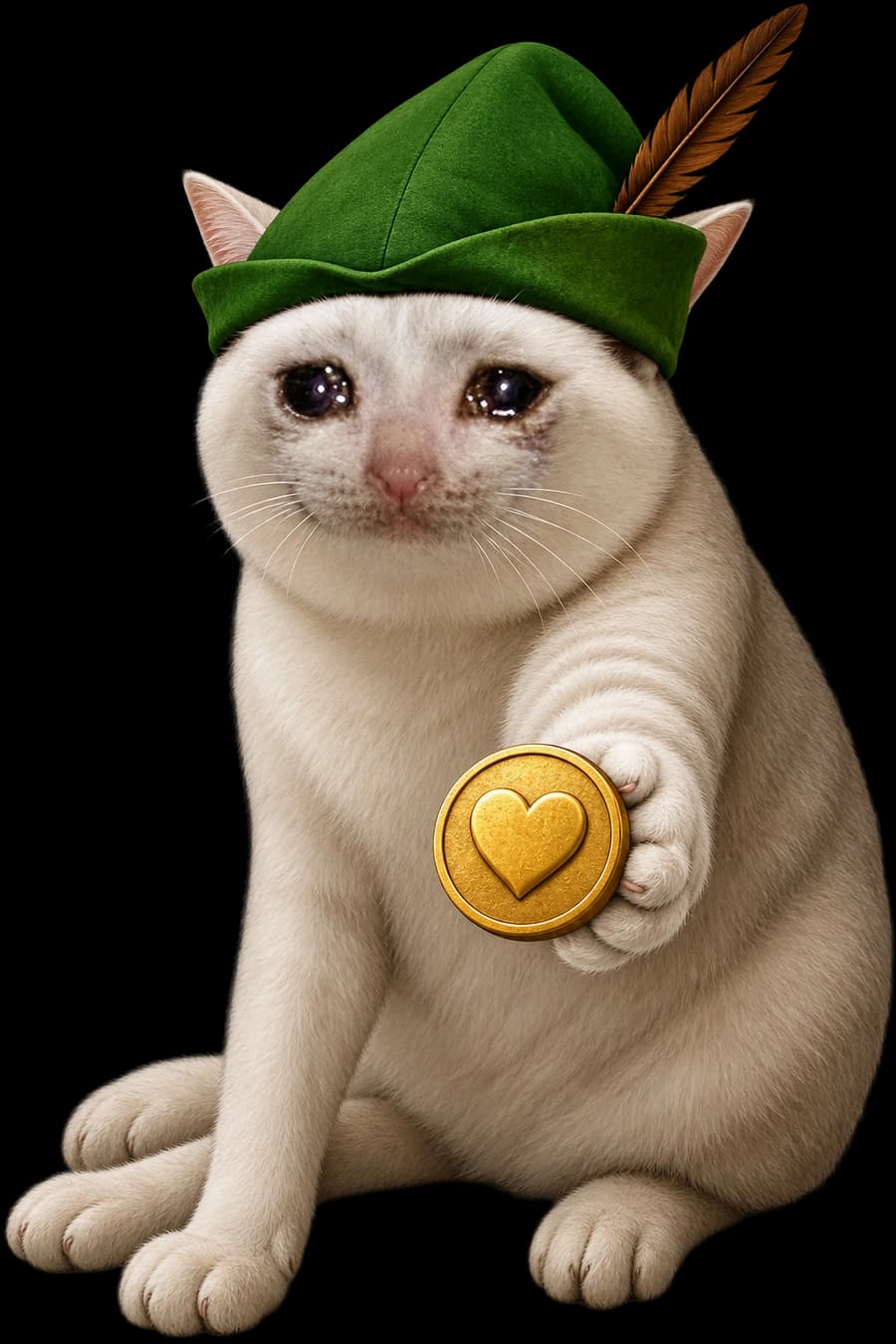 good cat — a teary-eyed white cat in a green robin hood hat, offering a gold heart coin